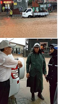 海棠颱風2小時疾風驟雨,31日下午南竿山隴廣場淹水面積最大,家戶清洗淤泥;道路部分零星小坍方、碎石,縣長劉增應、指揮官楊海明分赴勘察並在珠螺會合討論動員清理。(圖:本報編輯部)