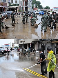 　海棠過後，馬防部1日上午依據協議，出動50名弟兄協助縣府進行介壽廣場及珠螺路段清掃工作，在消防局出動水車協力下，清掃過程相當順利。（圖／文：曹重偉）