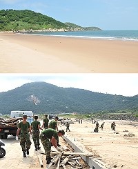 北高守備大隊出動人力協助北竿鄉整理環境,原先堆滿垃圾的塘后沙灘恢復「糖沙」樣貌。(圖/文:馮紹夫)