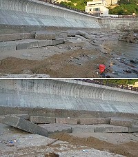 津沙澳口外方形護基水泥塊,颱風過後被浪打得七零八落,工務處已研議幾個做法,與廠商評估後就可以施作改善。(圖:工務處)