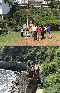 　產發處副處長劉剛及鄉長謝春欗陪同水土保持技師李榮珍一起會勘，受颱風影響而坍塌的西莒青帆運動場旁斜坡及青帆海堤步道。（圖／文：宋幸儒）