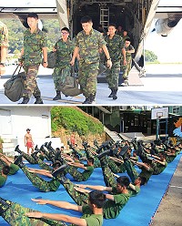 (上圖)役男們搭乘C-130抵達馬祖。(下圖)役男在教官指導下操練蛙人操。(圖/文:鄭凱仁)