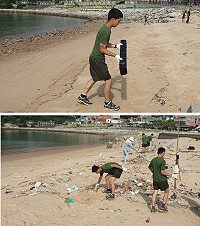 (上圖)官兵謹慎處理廢棄物。(下圖)官兵和公所人員分組實施淨灘。(圖/文:陳雋仁)