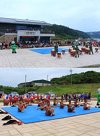 (上圖)南竿機步連戰鼓表演揭開序幕。(下圖)兩棲連蛙人操表演。(圖/文:林緯哲)