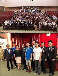 海大馬祖校區首度招生第1屆入學典禮,府會首長、立委共同出席見證歷史性一刻,並致贈94位新生1份馬祖特有「藍眼淚悠遊卡」及3名陸生合影。(圖:連江縣政府教育處、袁孝文提供)