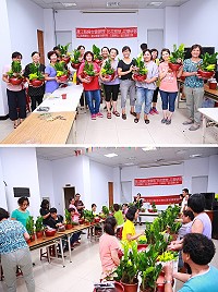 「拈花惹草」花藝研習到東莒,婆婆媽媽、姊姊妹妹們獻巧思展創意,完成好看又討喜的聚寶盆栽。(圖:宋幸儒、曹以鋒)