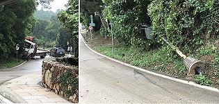 　南竿1輛吊車8日從梅石往清水路段下坡岔路口因天雨打滑撞擊內側邊坡，駕駛驚險而平安無事，撞毀路牌將全額賠償恢復。（圖：鄉親提供）