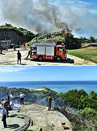 東引南澳山南側山坡傳火警,警義消、駐軍合力噴水滅火,幸未造成財損及人員傷亡。(圖/文:陳其敏)