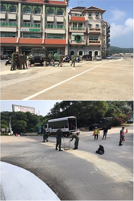 南竿1輛悍馬車21日上午從清水三槍堡附近開始漏油到中華郵政大樓前,環資局人員及部隊動員清理。(圖/連江縣環資局、馬祖日報)