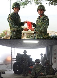 (上圖)指揮官頒發操演單位團體加菜金。(圖/文:鄭凱仁);(下圖)官兵實施105榴砲射擊。(圖/文:賴紀甫)