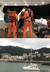 大陸一艘風帆遊艇22日凌晨因外海風浪大,停靠西莒青帆碼頭避風,早上6:20左右駛離。(圖/文:宋幸儒)