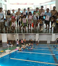 105年體育季縣長盃游泳分齡錦標賽暨親子男女游泳體驗活動珠螺游泳池登場,以及親子水上嘉年華,大人、小孩體驗水上遊戲。(圖:連江縣體育會游泳委員會)