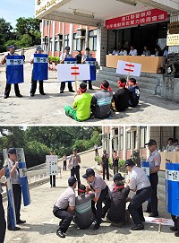 　內政部警政署抵馬視察連江縣警察局106年度機動保安警力整備檢測，模擬民眾抗議經警方機警排除及動員優勢警力將陳抗民眾執行抬離逮捕，過程相當逼真，獲得督導官們一致好評。（圖／文：曹重偉）