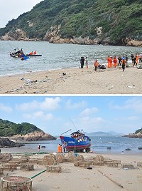 馬祖籍鴻昌海釣船昨日復興澳口外擱淺,海巡在場戒護、環資局人員阻止油污擴大,船上5人平安,下午退潮進行修補。(圖/文:馮紹夫)