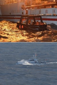 　大陸籍貨船「福順67」8日凌晨於仁愛外海6公里處沉沒，船上10人平安獲救，馬祖海巡隊協助救援並前往現場觀察是否有油料外洩情形。（圖：連江縣環資局、東網電視）