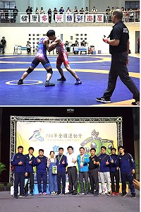 劉詩書(圖上、著紅色服)23日獲106年全運會男子組希羅式第1級金牌;劉詩書(下圖,左5)由大會指定教育處長陳冠人頒獎及與代表隊合影。(圖:連江縣政府教育處)