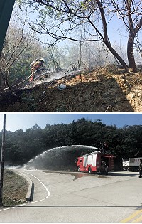 　南竿鄉27日上午發生兩起火警意外，一起為民眾將未熄滅紙箔灰燼逕自倒進垃圾車，另起為珠螺村藍灣後方鐵皮屋房發生火災，好在經由消防隊員及義消緊急出動灌救，未造成重大損失。（圖：連江縣消防局）
