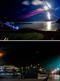 　（上圖）萬平操演在夜空中構成綿密火網。（下圖）萬平操演實彈射擊，震撼人心。（圖／文：謝承翰）