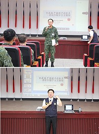 (上圖)參謀長主持詐騙防制宣導。(下圖)李警官實施詐騙防制宣導。(圖/文:謝承翰)