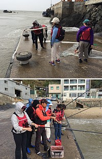 　全縣海洋教育研習，各校種子老師在橋仔港下海體驗手拋網和磯釣樂趣。（圖／文：陳鵬雄）