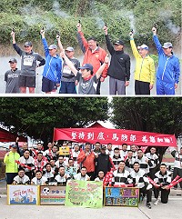 　上圖：楊指揮官（右3）與貴賓共同鳴槍開跑。下圖：指揮官陪同陳雪生委員與啦啦隊官兵合影。（圖／文：翁正坤）