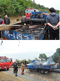 南竿津板路火燒車意外,民眾第一時間搶救,經消防隊控制後沒有大礙。(圖/文:馮紹夫)