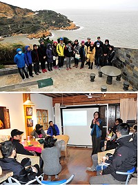 文學小旅行第三場19日在復興村舉辦,20多位學員不畏寒,在主講人馬祖藝文協會理事長劉枝蓮以現場走讀與講座的方式,用不同角度領略牛角灣的美。(圖/文:曹重偉)
