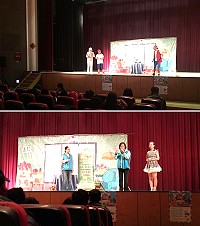 　單國璽社福基金會2017「我愛阿嬤妮」預防失智症舞台劇25日在馬祖公益巡演宣導；連江縣衛福局長照管理中心在現場以福州話呼籲鄉親發現失能狀況儘速與衛福局長照管理中心聯絡。（圖／連江縣衛福局）