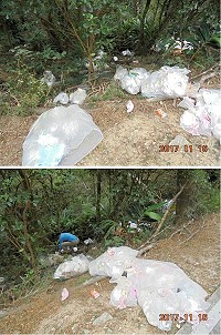 環境資源局日前接獲民眾陳情,指出氣象站路旁斜坡遭棄置大量廢棄物;經局內人員會同相關單位前往陳情地點現勘及蒐證,果真查獲大量廢棄物,將依違反廢棄物清理法相關規定予以告發處分。(圖:連江縣環境資源局)