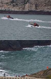 昨天海象轉好,東引地方兩艘小型漁船加入搜尋行動,配合海巡艇、岸巡隊繼續展開搜尋「大高」。(圖/文:陳其敏)