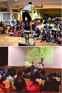 東引國中小「夢想達人講堂」,「倒立先生」黃明正說夢想並不是脫離現實,不要忽視自己的能力和力量。(圖/文:陳其敏)