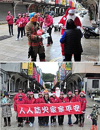 下週就是聖誕夜,消防局與鳳凰志工隊提前溫馨出擊,扮成聖誕老公公及鼓板隊走入社區加強一氧化碳中毒及防火宣導,期望在全民共同防範火災的準備下,確保生命財產安全。(圖/文:曹重偉)