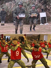 (上圖)受測官兵進行戰鬥體適能彈藥運送。(下圖)受測官兵進行綜合格鬥。(圖/文:謝宏源)