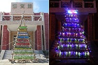 塘岐迎賓館前白天的金字塔,入夜之後搖身一變成為閃爍聖誕樹。(圖/文:陳鵬雄)