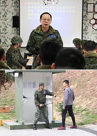 (上圖)參謀長提示安全防護演練示範重點。(下圖)暴民突入反制演練。(圖/文:謝宏源)
