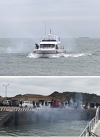 「莒光之星」29日首航,東、西莒鄉親燃放鞭炮熱烈歡迎。(圖/文:宋幸儒)