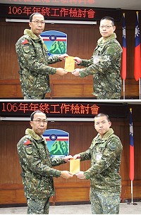 上圖:指揮官頒發國防部特等射手鑑測績優單位獎金。下圖:指揮官頒發執行觀測所監偵任務有功人員獎金。(圖/文:翁正坤)