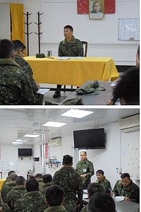 上圖﹕副指揮官主持春節、228連假前軍紀安全宣教。下圖:憲兵官對官兵實施軍紀安全宣教。(圖/文:謝宏源)
