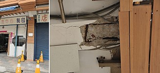 塘岐中正路國宅再度發生騎樓水泥塊掉落事件。(圖/文:陳鵬雄)