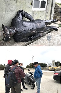 文化處文資科科長陳壽延偕同莒光鄉公所民政課課長曹以樹前往了解蔣公銅像及基座毀損狀況,希望在觀光季來臨前完成修復。(圖/文:宋幸儒)