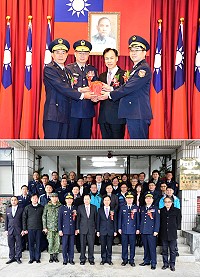 縣警局昨天舉辦卸任新任局長交接典禮,由縣長劉增應、警政委員王慶麟監交下,由卸任局長王鳳輝將印信交接給新任局長薛文容;會後全體來賓與卸新任局長合影留念。(圖/文:曹重偉)