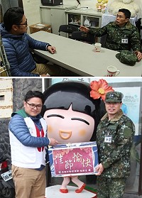 (上圖)主任拜會家扶中心主任。(下圖)主任代表指揮官致贈家扶中心春節禮盒。(圖/文:謝承翰)