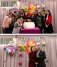 　&#22338;里國小退休主任鄭銀&#20452;夫婦，4日在台與親友分享結婚50週年金婚及歡度70大壽。（圖：鄭宏宣）