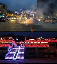 山隴境白馬尊王廟107年春節牌樓9日祭灶夜亮燈,澳口公園左側白馬尊王廟老廟觀景平台賞燈區也同步點燈,增添迎接年節歡騰喜慶味道。(山隴境白馬尊王廟管會陳美貴提供)