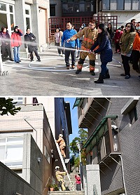 消防局南竿分隊及介壽分隊為提升地區避難弱者場所自我避難能力,結合大同之家員工自衛消防教育訓練進行演練。演練劇本假定大同之家三樓廚房起火,人員進行兩方向疏散;之後還指導大家室內消防栓的操作方式。(圖/文:曹重偉)