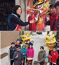 　介壽國中學生舞龍隊、東引國中小獅隊在敲鑼打鼓下，穿梭大街小巷向鄉親拜年，店家回贈紅包。（圖：馬祖日報編輯部、東引國中小）