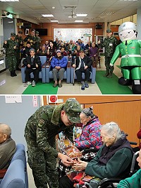 上圖:防區官兵與依公、依嬤共同合影。下圖:官兵現場與大同之家長輩互動。(圖/文:翁正坤)