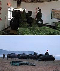 (上圖)操演官兵實施105榴砲射擊。(下圖)操演官兵實施車裝50機槍射擊。(圖/文:謝承翰)