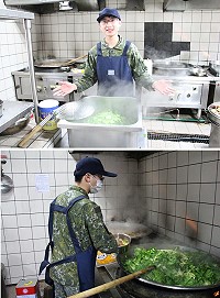 (上圖)承祐開心的端上熱騰騰的菜。(下圖)在伙房裡認真烹調料理的承祐。(圖/文:葉峻廷)