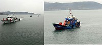 馬祖海巡隊15日下午執行護永專案擴大掃蕩勤務,於南竿四維海域發現大陸籍「閩○漁6XXX8號」鐵殼漁船越界作業,在雙艇夾擊之下成功查獲,並將「閩」船及4名大陸漁民押返南竿隊部偵辦。(圖:馬祖海巡隊)